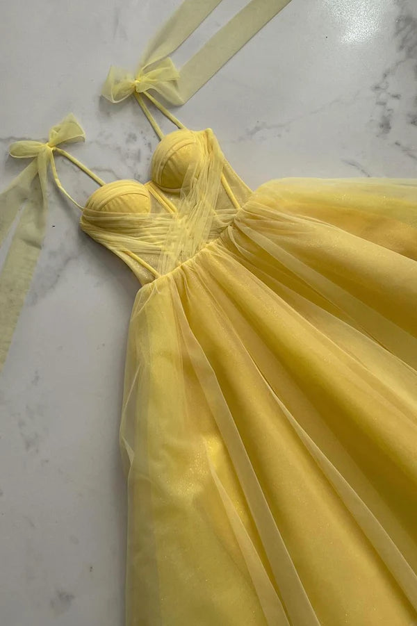 Yellow Tulle Long A-Line Evening Dress Cute Spaghetti Strap Prom Dress